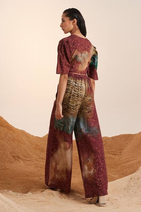 Shop Cord Brown Cotton Satin, Linen Round Neck Scallop Grain Print Top And Pant Set at Aza Fashions Shop_Cord_Brown Cotton Satin, Linen Round Neck Scallop Grain Print Top And Pant Set_at_Aza_Fashions