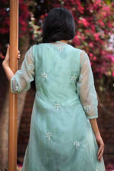 Shop House Of Tushaom Green Organza Embroidery Cutdana V Neck Angrakha And Flared Pant Set at Aza Fashions Shop_House Of Tushaom_Green Organza Embroidery Cutdana V Neck Angrakha And Flared Pant Set _at_Aza_Fashions
