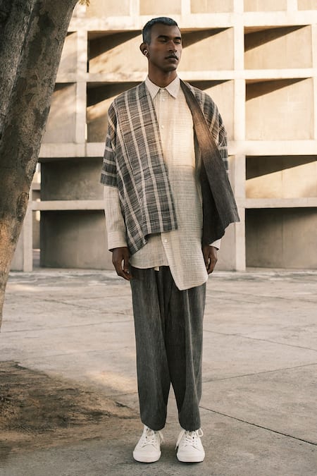 Shop_Urvashi Kaur_Off White Handloom Cotton Taki Striped Hand Spun Shirt _at_Aza_Fashions