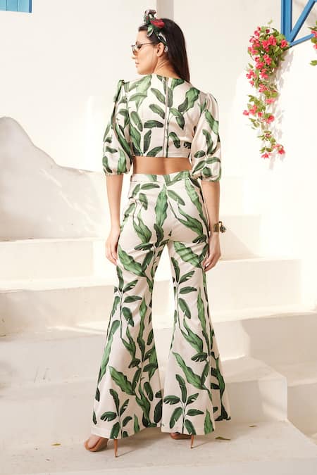 Reynu Taandon Leaf Print Crop Top & Bell Bottom Pant Set 