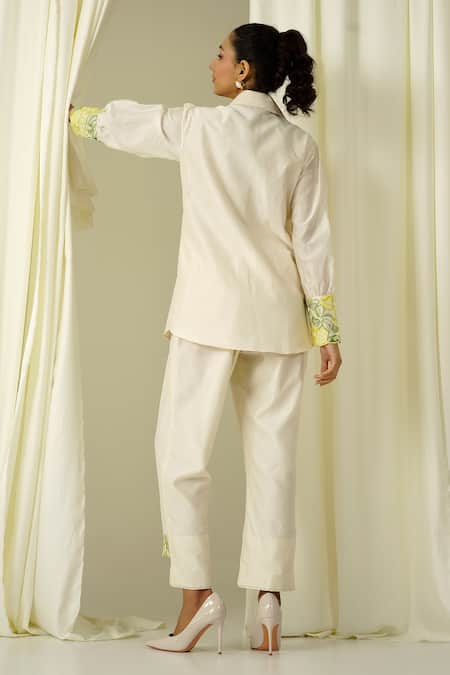 Shop Sakshi Khetterpal Ivory Chanderi Beads, Pearls, Embroidery Collared Lace Work Shirt And Pant Set at Aza Fashions Shop_Sakshi Khetterpal_Ivory Chanderi Beads, Pearls, Embroidery Collared Lace Work Shirt And Pant Set _at_Aza_Fashions