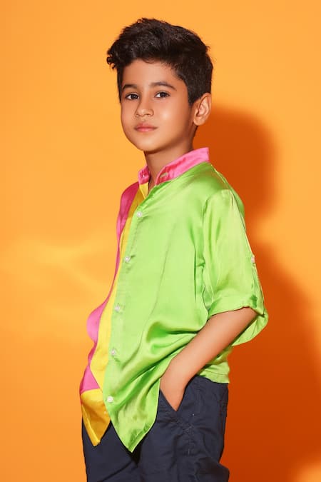 Littlecheer Color Blocked Band Collar Shirt 