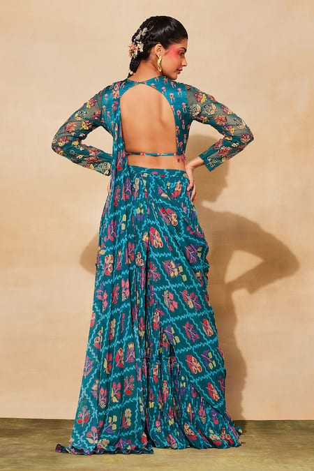 Shop_Diyarajvvir_Blue Modal, Tulle, Georgette Cut Tiered And Pre-draped Skirt Saree With Blouse _at_Aza_Fashions