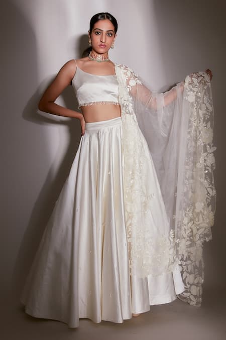 Shop_Premya By Manishii_Ivory Organza, Satin Sequins, Embroidery Round Neck Lehenga Set With Dupatta _at_Aza_Fashions
