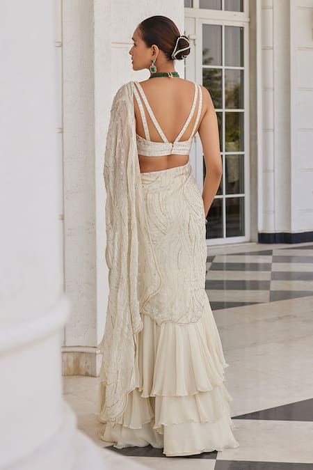Shop_Charu And Vasundhara_Ivory Organza, Chiffon, Silk Soha Tiered Lehenga Saree With Embroidered Blouse _at_Aza_Fashions