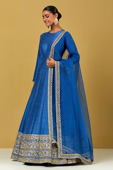 Shop Ikshita Choudhary Blue Silk, Organza Embroidery Round Neck Hand Anarkali With Dupatta at Aza Fashions Shop_Ikshita Choudhary_Blue Silk, Organza Embroidery Round Neck Hand Anarkali With Dupatta _at_Aza_Fashions
