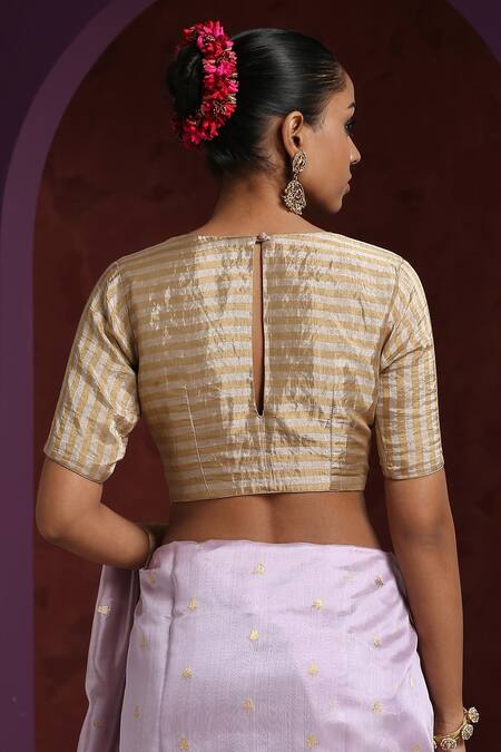 Shop Weaver Story Gold Chanderi Round Neck Handwoven Striped Blouse at Aza Fashions Shop_Weaver Story_Gold Chanderi Round Neck Handwoven Striped Blouse_at_Aza_Fashions