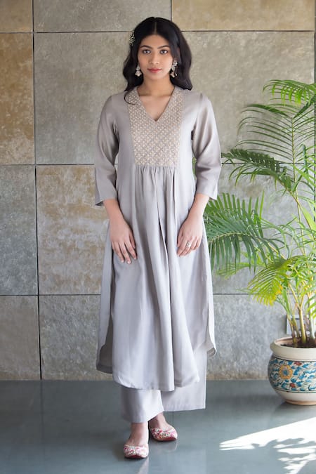 Cupid Cotton Embroidered Yoke Chanderi Silk Kurta Pant Set 