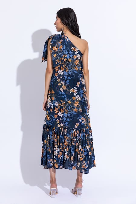 Shop Aroop Shop India Blue Cotton, Silk Asymmetric Keke Lupine Print Dress at Aza Fashions Shop_Aroop Shop India_Blue Cotton, Silk Asymmetric Keke Lupine Print Dress _at_Aza_Fashions