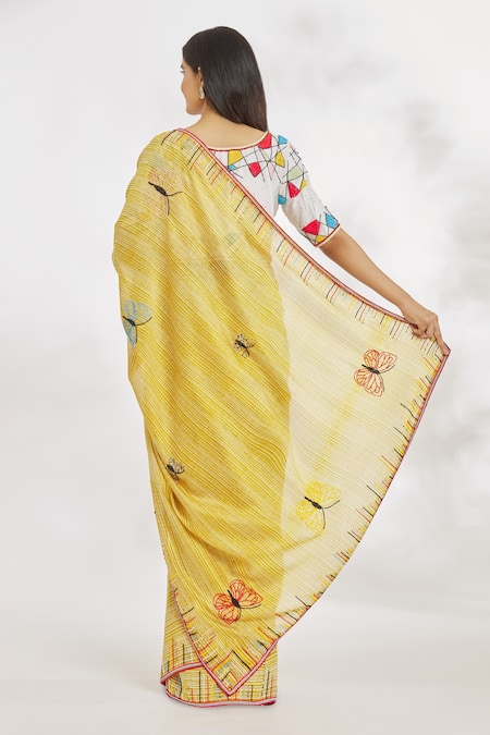 Paksh Yellow Striped Hand Embroidered Saree Set 