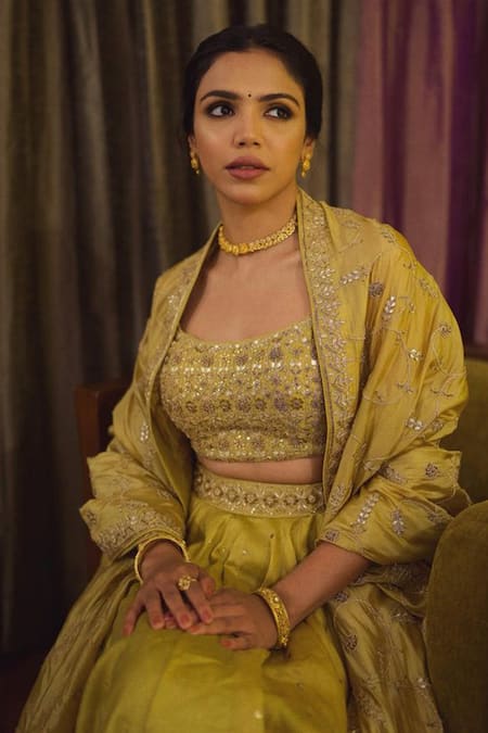 Shop_Punit Balana_Green Chanderi Silk Embroidery Marodi Scoop Neck Lehenga Set _at_Aza_Fashions