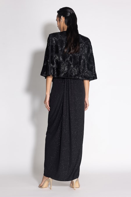 Shop 431-88 By Shweta Kapur Black Silk, Jersey Cut Work V-neck Pleated Gown With Cutdana Embellished Cape at Aza Fashions Shop_431-88 By Shweta Kapur_Black Silk, Jersey Cut Work V-neck Pleated Gown With Cutdana Embellished Cape_at_Aza_Fashions