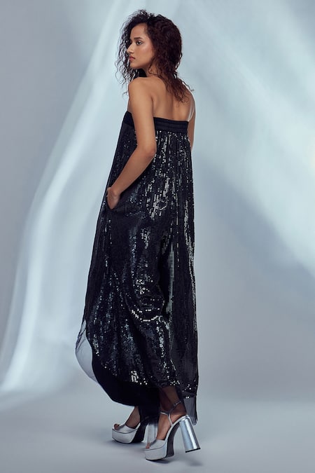 Shop Style Junkiie Black Organza, Satin Sequin And Glass Beads Work Straight Panelled Jumpsuit at Aza Fashions Shop_Style Junkiie_Black Organza, Satin Sequin And Glass Beads Work Straight Panelled Jumpsuit _at_Aza_Fashions