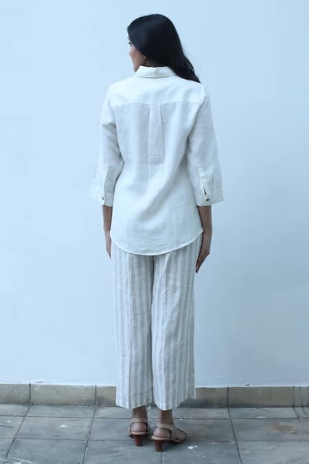 Shop_Linen Bloom_White Linen Embroidery Collared Patch Pocket Kitten Shirt _at_Aza_Fashions