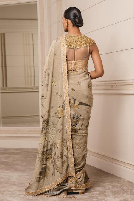 Shop Tarun Tahiliani Gold Tulle, Crepe Floral Pattern Round Print Saree With Corset at Aza Fashions Shop_Tarun Tahiliani_Gold Tulle, Crepe Floral Pattern Round Print Saree With Corset_at_Aza_Fashions