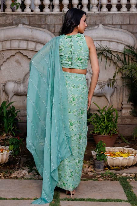 Shop Suruchi Parakh Green Georgette, Organza Beads, Floral Print Pre-draped Saree And Blouse Set at Aza Fashions Shop_Suruchi Parakh_Green Georgette, Organza Beads, Floral Print Pre-draped Saree And Blouse Set _at_Aza_Fashions