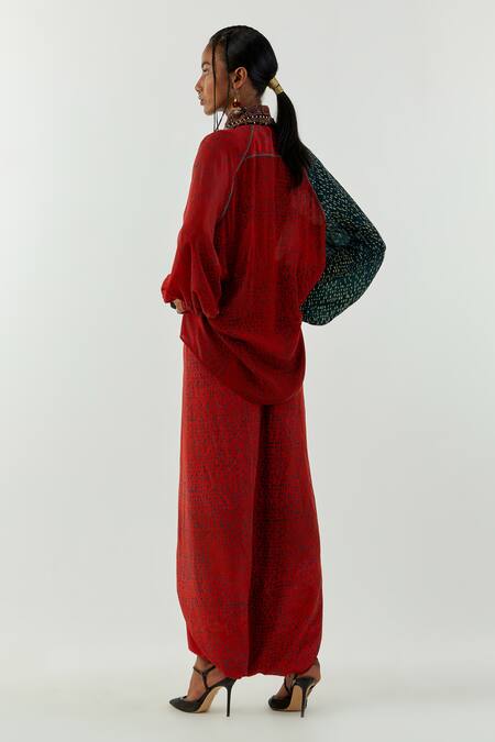 Aseem Kapoor_Red Natural Crepe Marodi, Zari Shirt Collar Atri And Draped Pant Set_at_Aza_Fashions