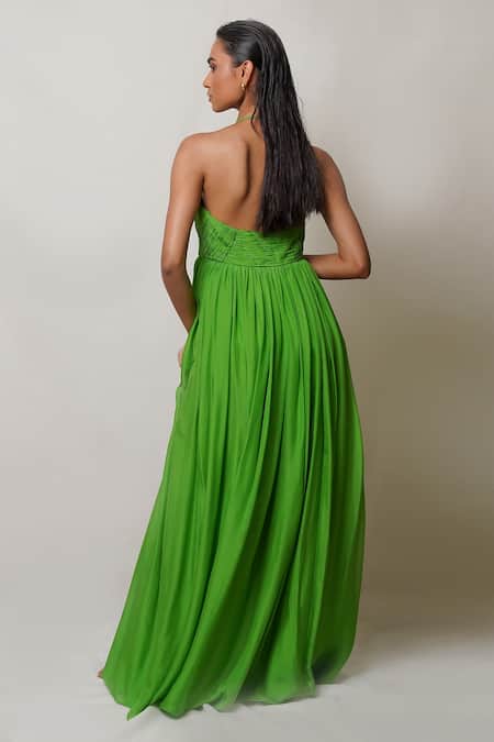 Shop Pinup By Astha Green Pure Flat Chiffon Lining Butter Crepe Halter Neck Front Cutout Gown at Aza Fashions Shop_Pinup By Astha_Green Pure Flat Chiffon Lining Butter Crepe Halter Neck Front Cutout Gown _at_Aza_Fashions