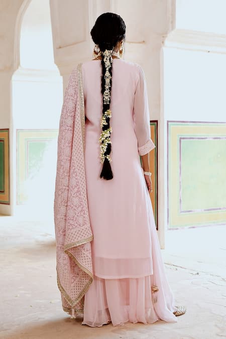 Karaj Jaipur Pink Georgette Embroidery Keyhole Neck Kurta Skirt Set Online at Aza Fashions Karaj Jaipur_Pink Georgette Embroidery Keyhole Neck Kurta Skirt Set _Online_at_Aza_Fashions