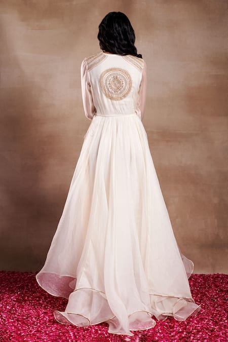 Shop SHASHA GABA Ivory Organza Embroidery Round Neck Bliss Mandala Gown at Aza Fashions Shop_SHASHA GABA_Ivory Organza Embroidery Round Neck Bliss Mandala Gown _at_Aza_Fashions
