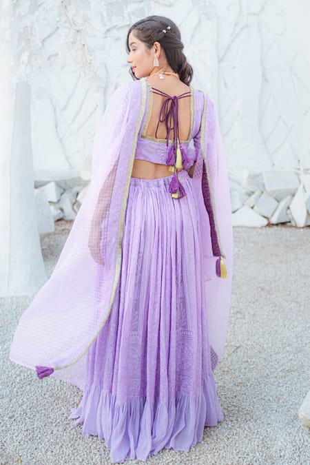 Shop Monk & Mei By Sonia Anand Purple Georgette Embroidery, Stones, Tassels Floral Chikankari Lehenga Set at Aza Fashions Shop_Monk & Mei By Sonia Anand_Purple Georgette Embroidery, Stones, Tassels Floral Chikankari Lehenga Set _at_Aza_Fashions