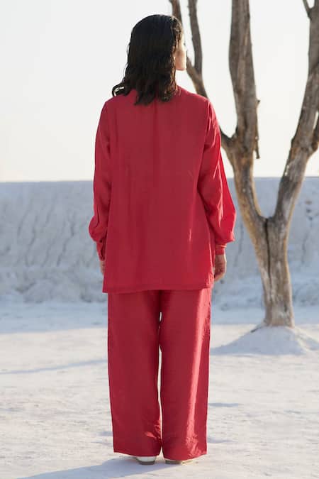 The Loom Art Embroidered Red Shirt & Pant Set 