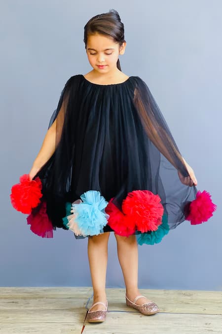 Shop Pinkcow designs pvt ltd Black Neoprene, Tulle -poms Embellished Layered Dress at Aza Fashions Shop_Pinkcow designs pvt ltd_Black Neoprene, Tulle -poms Embellished Layered Dress _at_Aza_Fashions