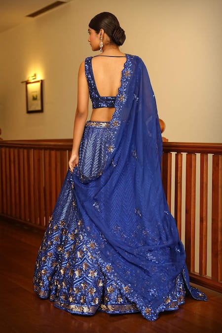 Shop_Miku Kumar_Blue Silk, Satin, Organza Sequins, Hand Chevron Pattern Bridal Lehenga Set _at_Aza_Fashions