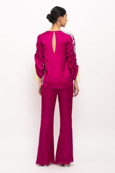 Shop Neora By Nehal Chopra Wine V-neck Ruched Sleeve Kaftan Set at Aza Fashions Shop_Neora By Nehal Chopra_Wine V-neck Ruched Sleeve Kaftan Set _at_Aza_Fashions