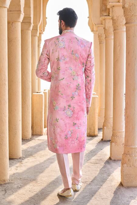 Shop Lashkaraa Peach Velvet, Satin Embroidery, Beads Printed Sherwani Set at Aza Fashions Shop_Lashkaraa_Peach Velvet, Satin Embroidery, Beads Printed Sherwani Set_at_Aza_Fashions