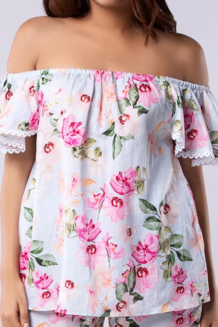 Tangerine Tiger Linen Floral Print Off Shoulder Top 