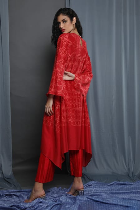 Shop_Krishna Mehta_Red Chanderi Printed Abstract Round Tunic _at_Aza_Fashions