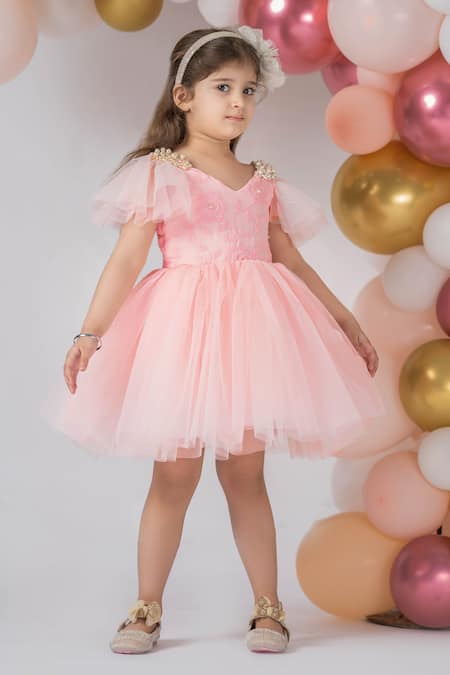 Shop Darleen Kids Couture Pink Georgette, Net, Taffeta Pearls, Embroidery Lilly V Neck Dress at Aza Fashions Shop_Darleen Kids Couture_Pink Georgette, Net, Taffeta Pearls, Embroidery Lilly V Neck Dress _at_Aza_Fashions
