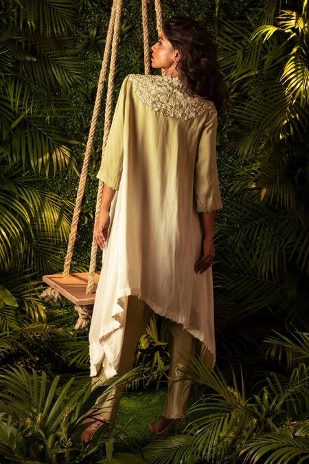 Shop Pallavi Poddar Green Silk Ombre Peacock Asymmetric Hem Cape And Dhoti Pant Set at Aza Fashions Shop_Pallavi Poddar_Green Silk Ombre Peacock Asymmetric Hem Cape And Dhoti Pant Set _at_Aza_Fashions