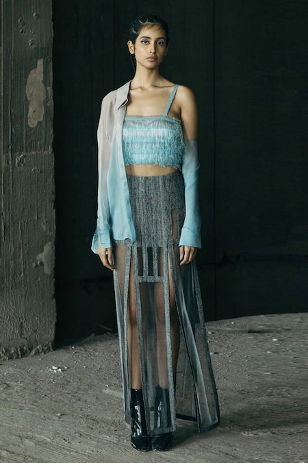 Akhl Embroidered Textured Lurex Panelled Skirt 