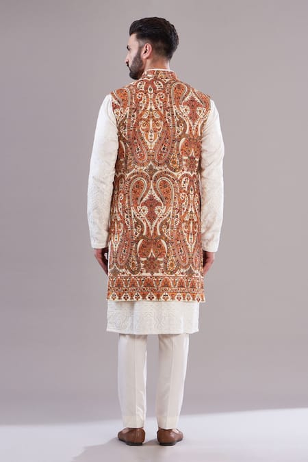 Shop_Kasbah_Multi Color Georgette, Cotton Embroidery Floral Kalamkari Work Long Open Shrug _at_Aza_Fashions