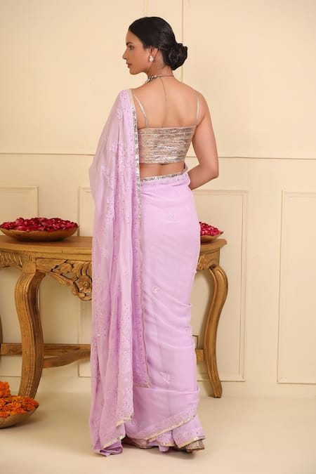 Shop_Esha Koul_Purple Georgette Embroidered And Embellished Chikankari Plunge Saree & Blouse Set_at_Aza_Fashions