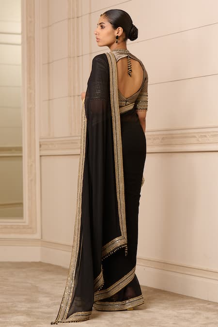 Shop_Tarun Tahiliani_Black Chiffon, Brocade Tassels, Embroidery Hand Saree _at_Aza_Fashions