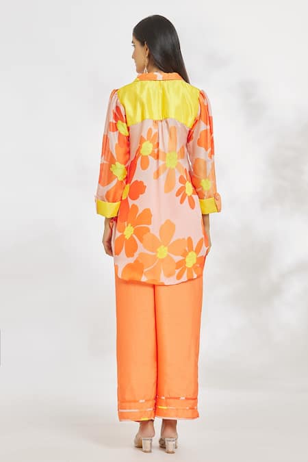 Shop_Paksh_Orange Silk Satin Collared Floral Print Top And Pant Set _at_Aza_Fashions