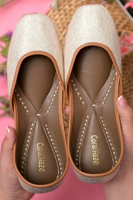 Shop Coral Haze Silver Ivanka Shimmer Juttis at Aza Fashions Shop_Coral Haze_Silver Ivanka Shimmer Juttis_at_Aza_Fashions