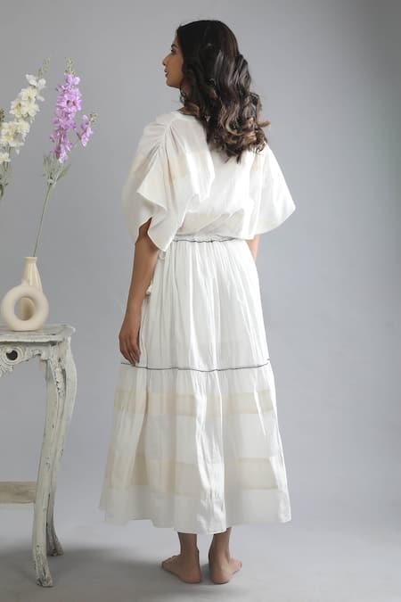 Shop_Khat_White Cotton, Muslin V-neck Striped Pattern And Tiered Kaftan _at_Aza_Fashions