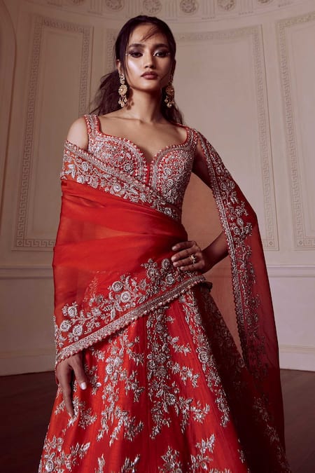 Mrunalini Rao Pearl Flower Bunch Embroidered Bridal Lehenga Set 