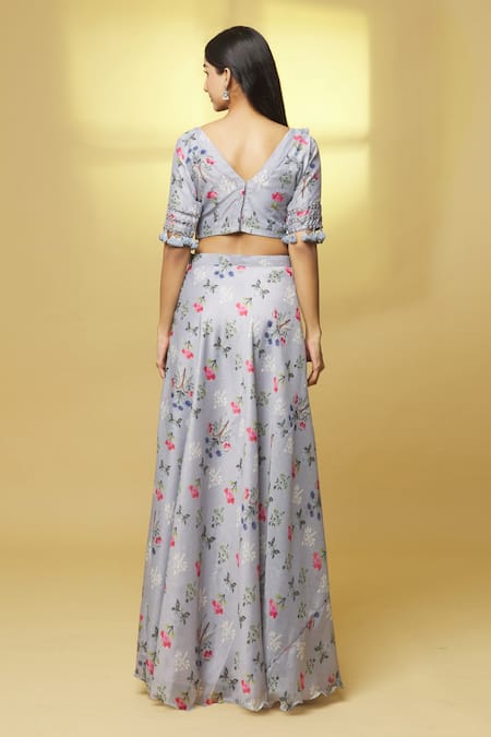 Shop Kalakaari By Sagarika Grey Chanderi Tassels, Mirrors V-neck Flower Bouquet Print Lehenga Set at Aza Fashions Shop_Kalakaari By Sagarika_Grey Chanderi Tassels, Mirrors V-neck Flower Bouquet Print Lehenga Set _at_Aza_Fashions
