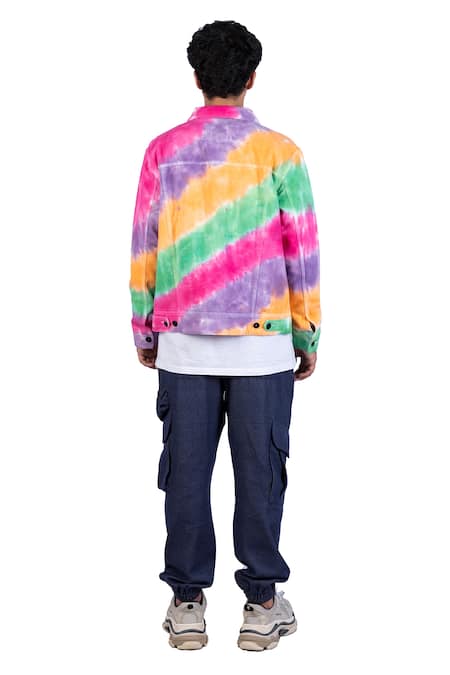 Shop_Theorem_Multi Color Cotton Rainbow Diagonal Stripe Tie Dye Jacket _at_Aza_Fashions