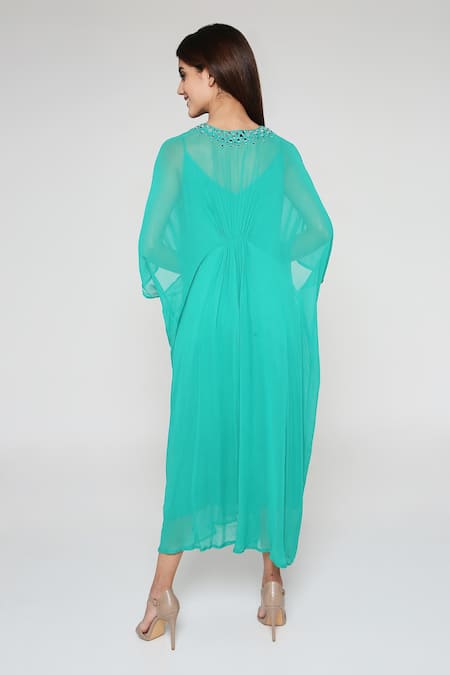 Shop Bha Sha Green Georgette Mirrors V-neck Sparkle Embroidered Kaftan With Inner at Aza Fashions Shop_Bha Sha_Green Georgette Mirrors V-neck Sparkle Embroidered Kaftan With Inner _at_Aza_Fashions