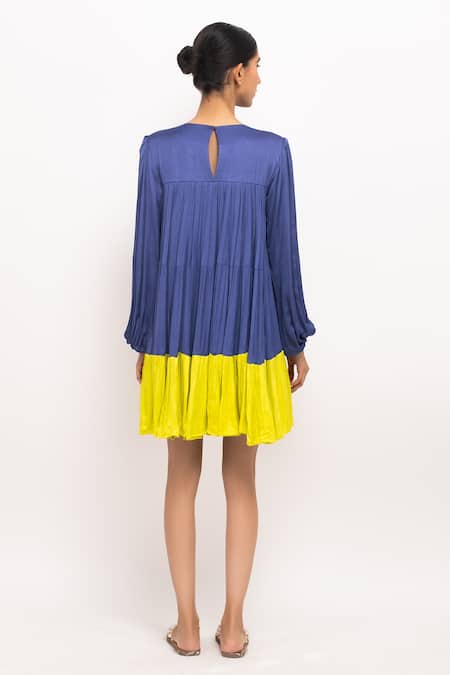 Neora By Nehal Chopra Blue Fringe Round Neck Colorblock Gathered Dress Online at Aza Fashions Neora By Nehal Chopra_Blue Fringe Round Neck Colorblock Gathered Dress _Online_at_Aza_Fashions