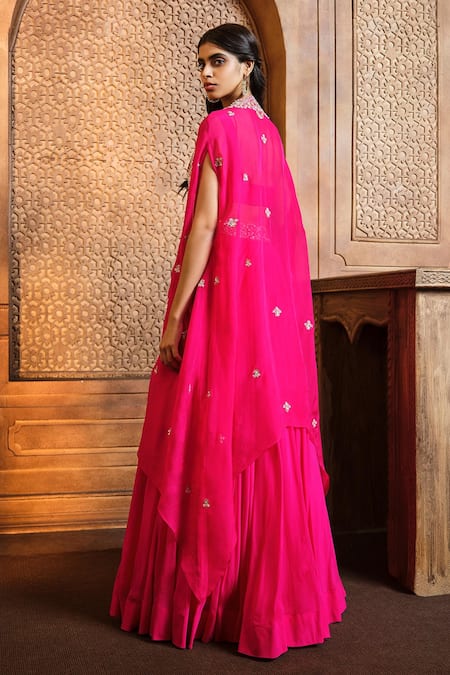 Aneesh Agarwaal Sequin Flower Embroidered Cape Lehenga Set 