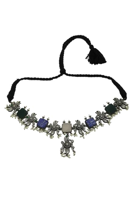 Arnimaa Silver Plated Stones And Pearls Floral Pattern Choker Necklace 