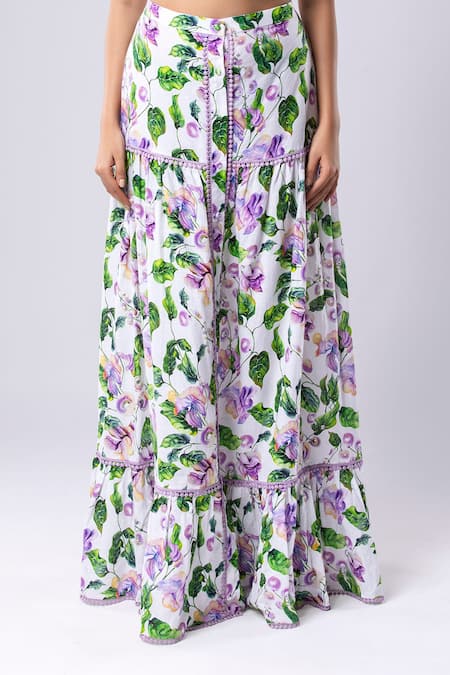 Shop Tangerine Tiger Purple Cotton Linen Floral Print Tiered Skirt at Aza Fashions Shop_Tangerine Tiger_Purple Cotton Linen Floral Print Tiered Skirt_at_Aza_Fashions