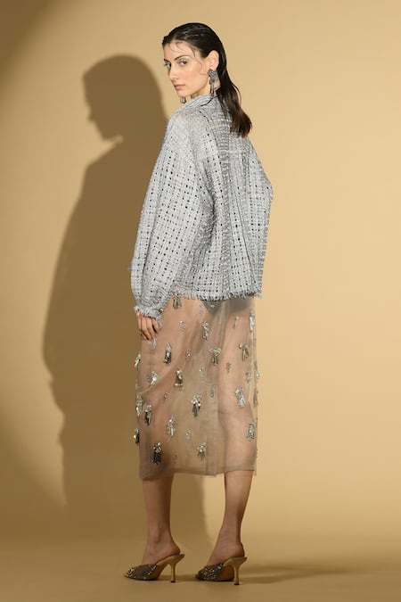 Shop Geisha Designs Grey Zari Embroidered Beads Collared Neck Top And Sheer Skirt Set at Aza Fashions Shop_Geisha Designs_Grey Zari Embroidered Beads Collared Neck Top And Sheer Skirt Set _at_Aza_Fashions